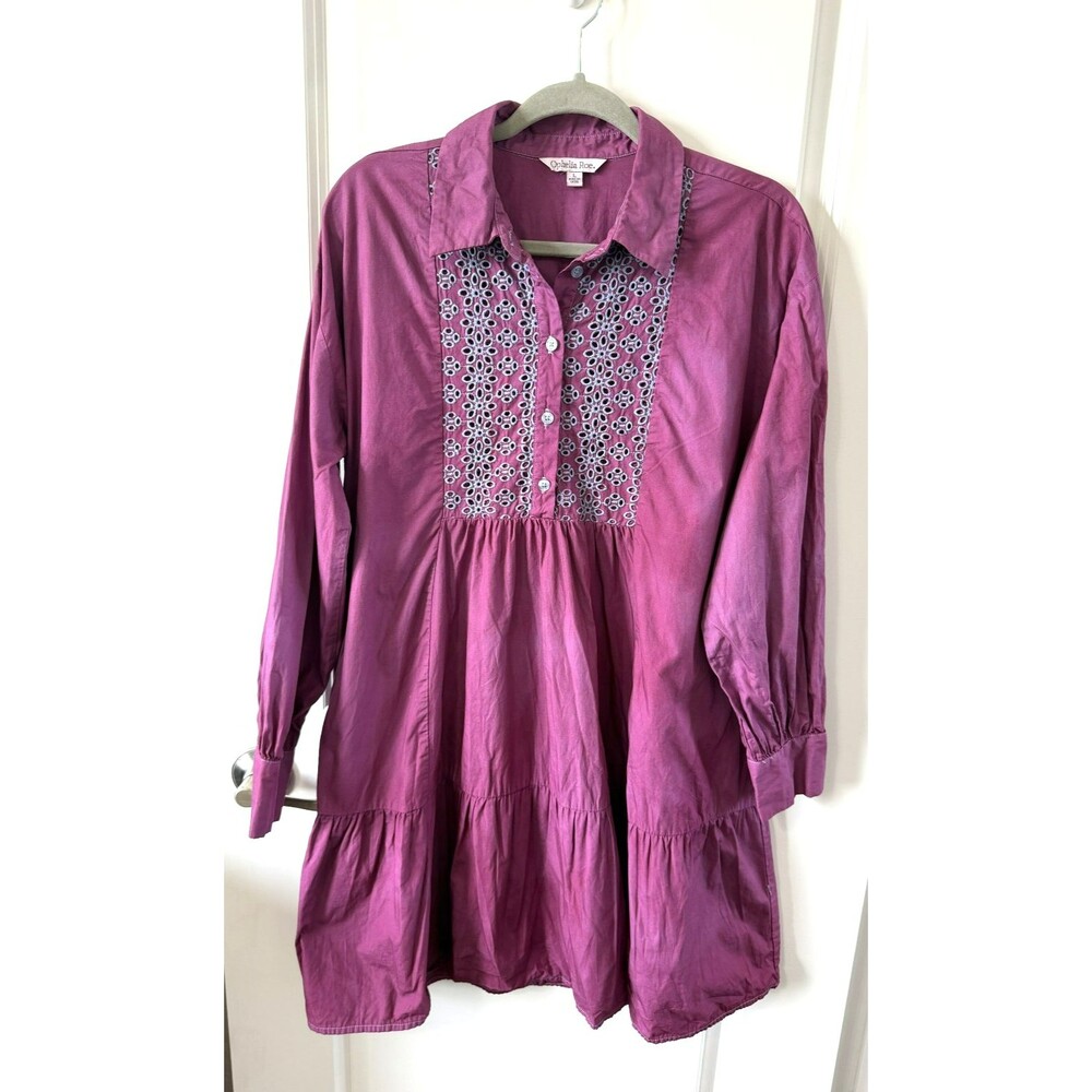 Ophelia Roe Women's L purple Eyelet Lace Tiered Shirt Dress Cotton boho NWOT